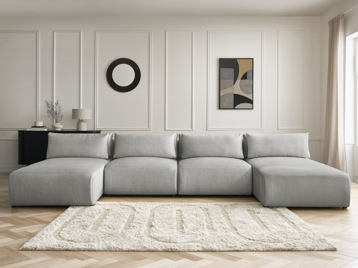 Modulaire vaste panoramabank met hoofdsteunen in JANA fluwelen stof met 2 chaise longues en 2 fauteuils