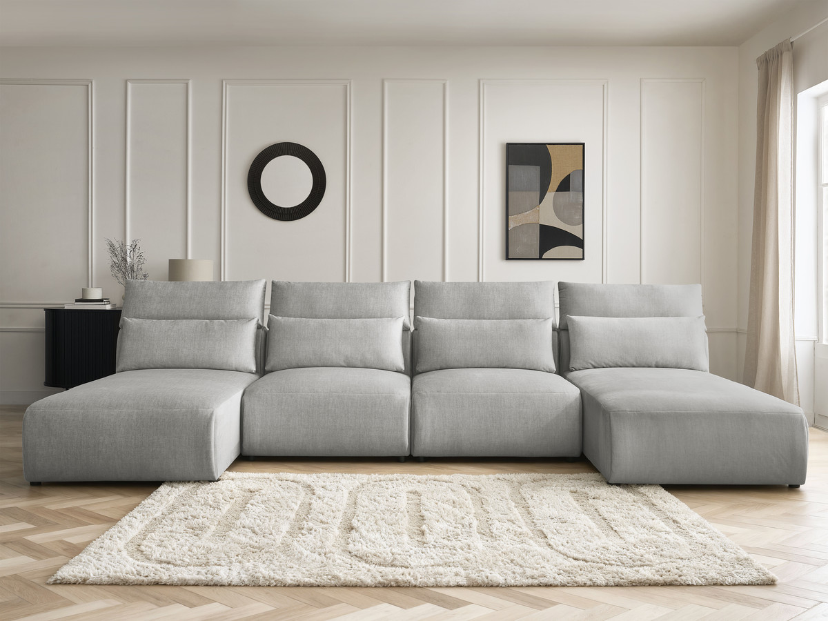 Canapé panoramique modulable avec têtières JANA velours gris clair — vue 5