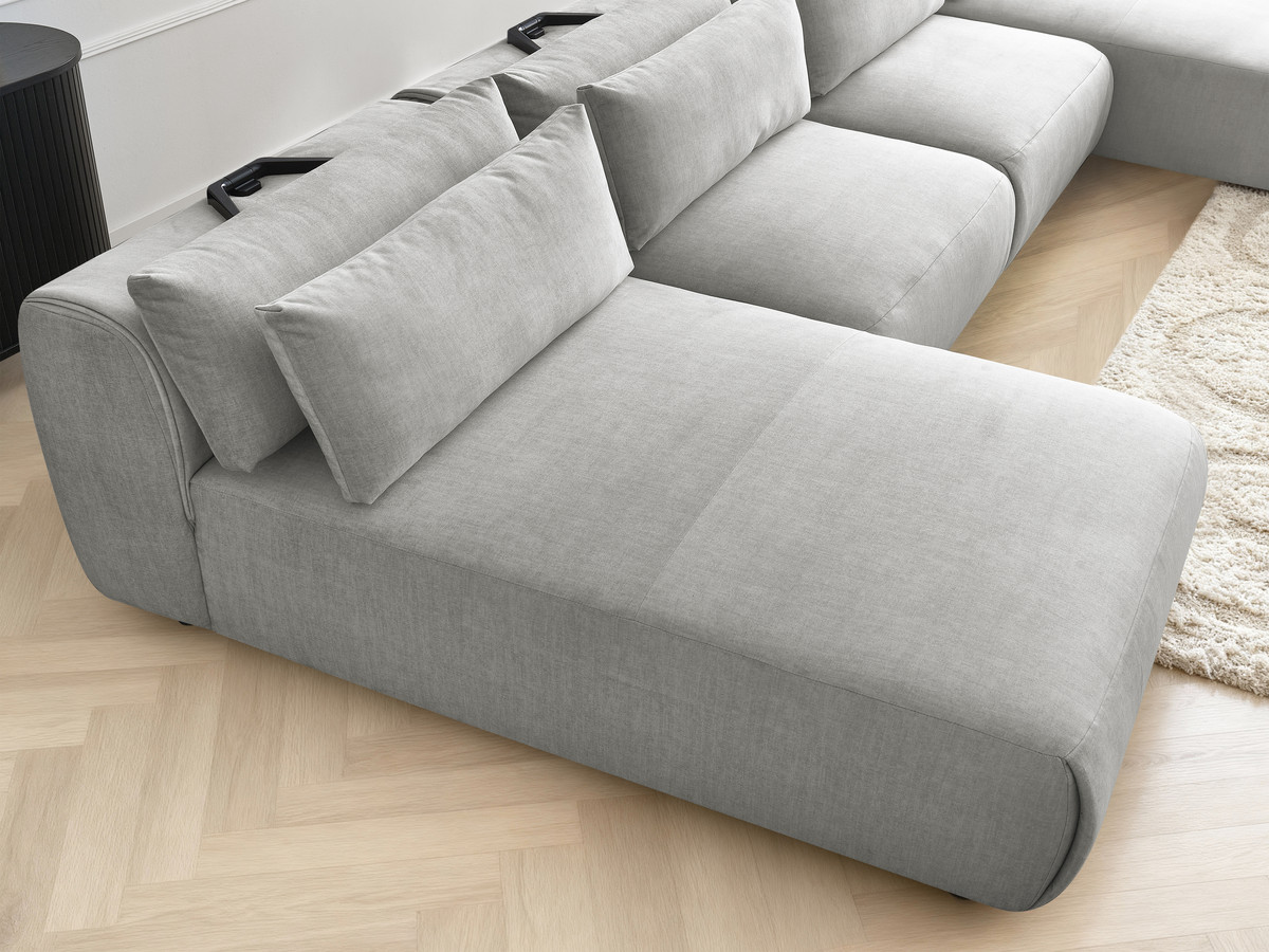 Modulaire vaste panoramabank met hoofdsteunen in JANA fluwelen stof met 2 chaise longues en 2 fauteuils