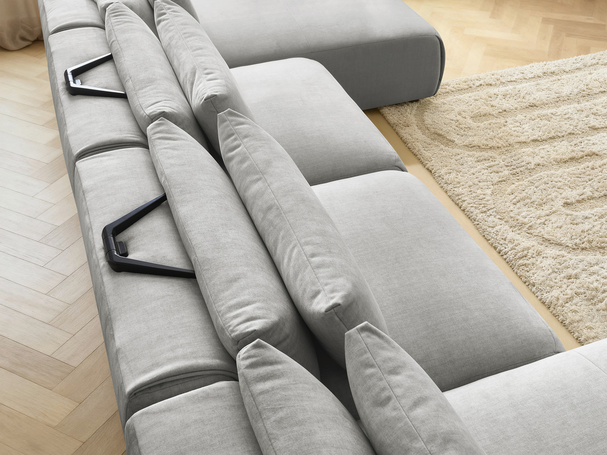 Modulaire vaste panoramabank met hoofdsteunen in JANA fluwelen stof met 2 chaise longues en 2 fauteuils