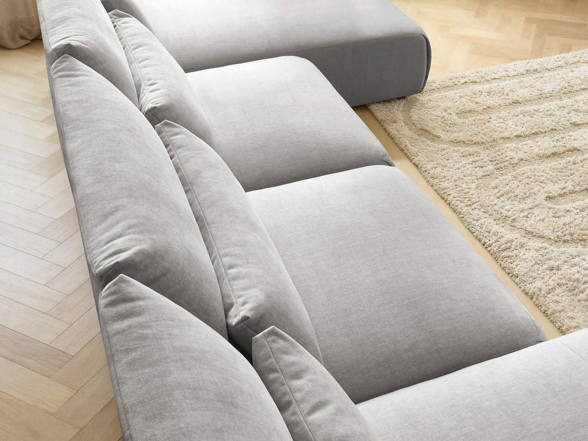 Modulaire vaste panoramabank met hoofdsteunen in JANA fluwelen stof met 2 chaise longues en 2 fauteuils