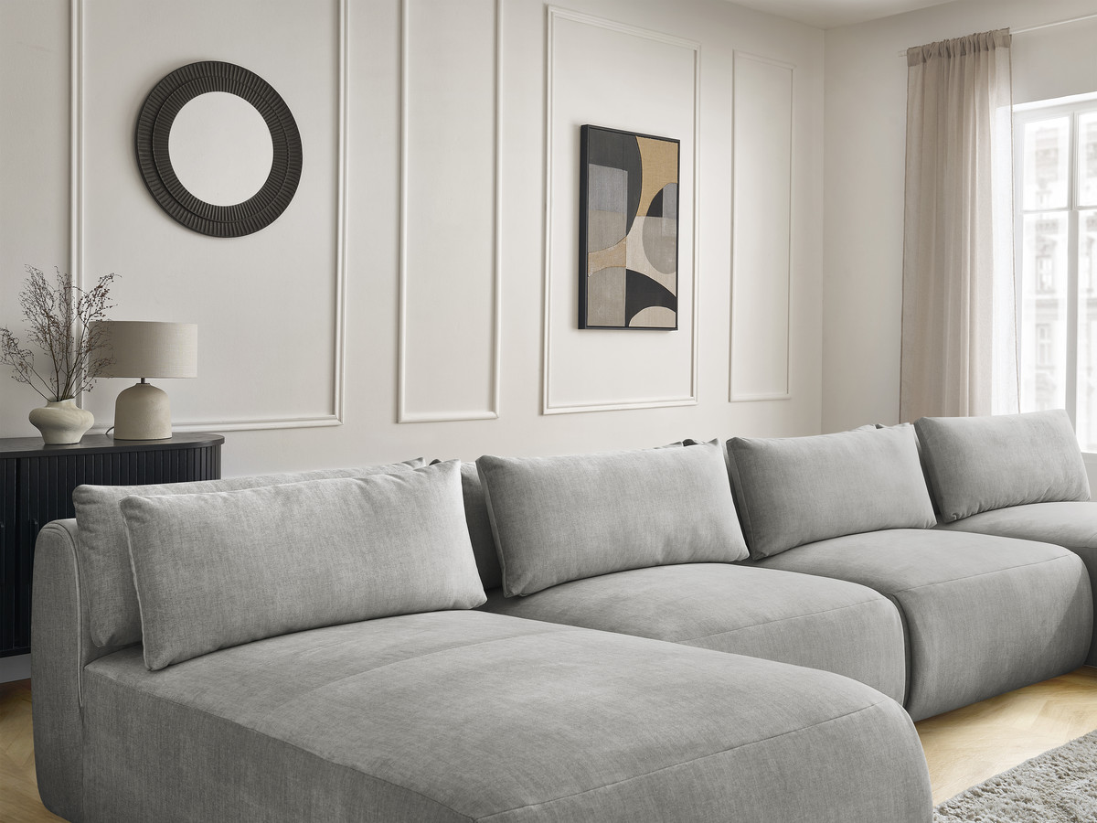 Modulaire vaste panoramabank met hoofdsteunen in JANA fluwelen stof met 2 chaise longues en 2 fauteuils