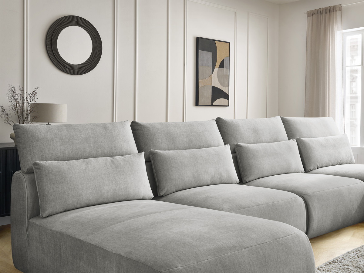 Modulaire vaste panoramabank met hoofdsteunen in JANA fluwelen stof met 2 chaise longues en 2 fauteuils