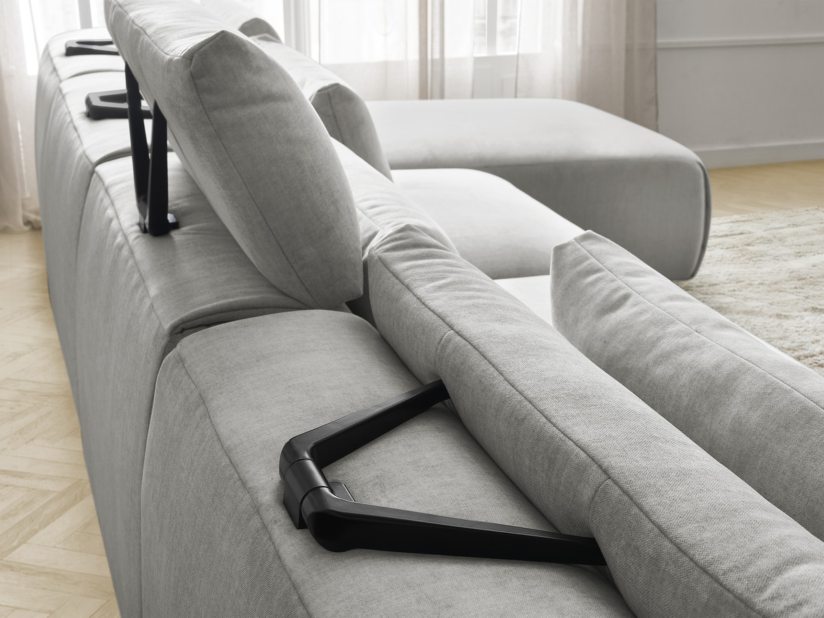 Modulaire vaste panoramabank met hoofdsteunen in JANA fluwelen stof met 2 chaise longues en 2 fauteuils