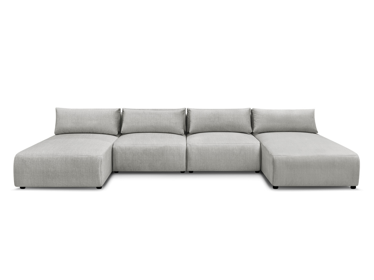 Modulaire vaste panoramabank met hoofdsteunen in JANA fluwelen stof met 2 chaise longues en 2 fauteuils