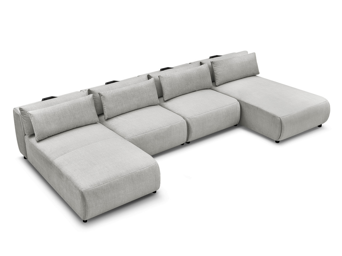 Modulaire vaste panoramabank met hoofdsteunen in JANA fluwelen stof met 2 chaise longues en 2 fauteuils