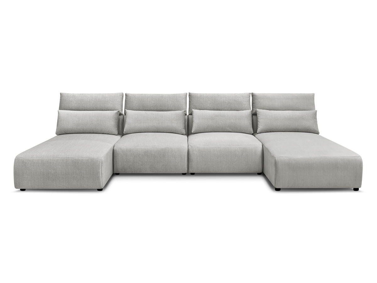 Modulaire vaste panoramabank met hoofdsteunen in JANA fluwelen stof met 2 chaise longues en 2 fauteuils