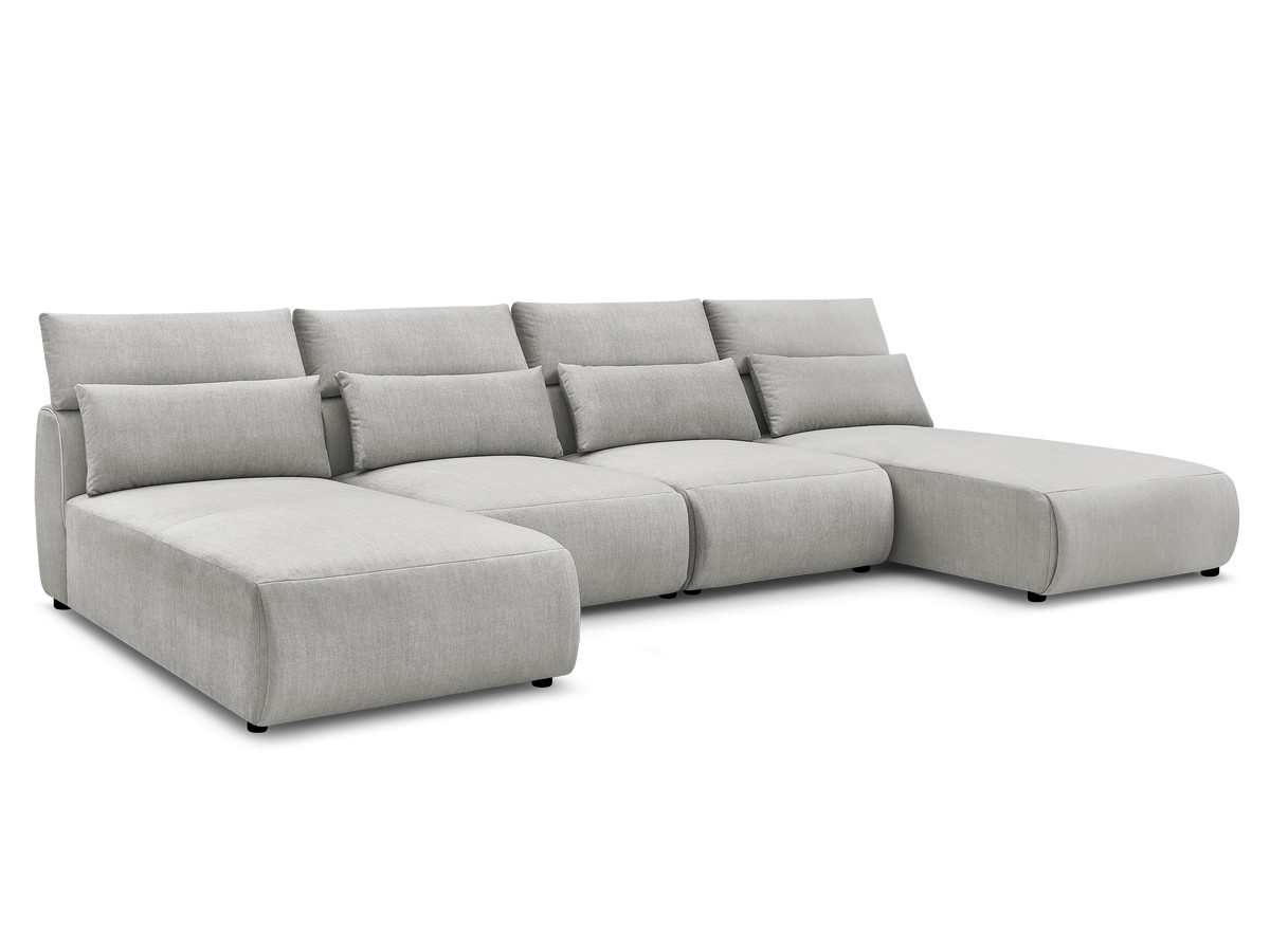 Modulaire vaste panoramabank met hoofdsteunen in JANA fluwelen stof met 2 chaise longues en 2 fauteuils
