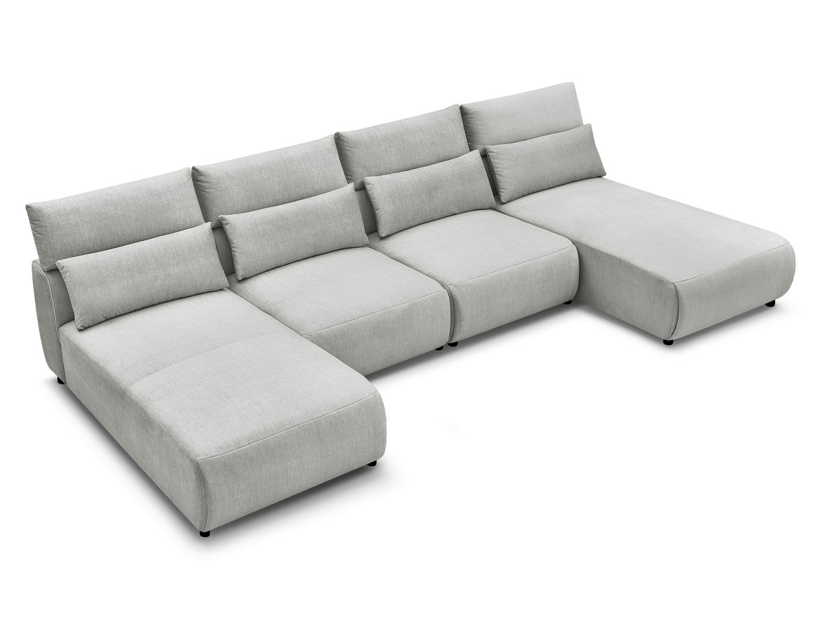 Modulaire vaste panoramabank met hoofdsteunen in JANA fluwelen stof met 2 chaise longues en 2 fauteuils