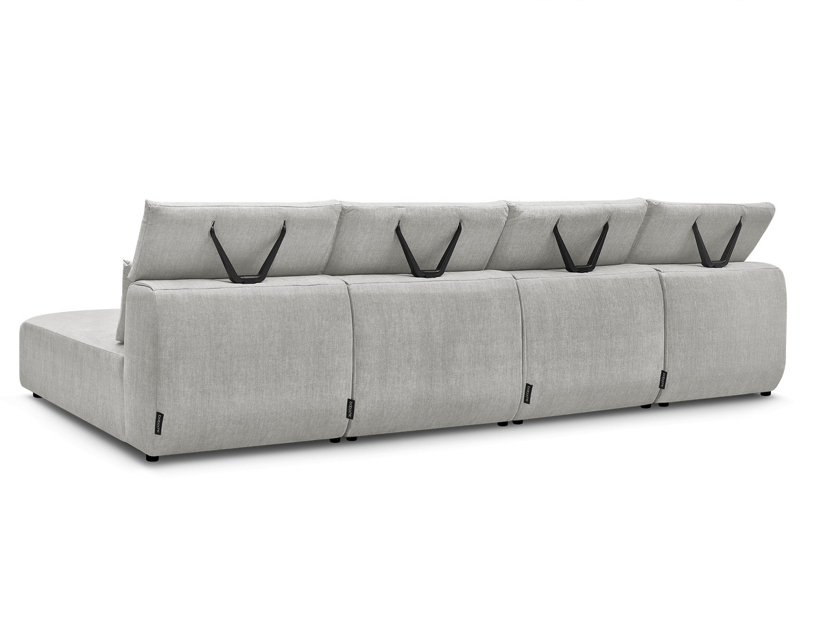 Modulaire vaste panoramabank met hoofdsteunen in JANA fluwelen stof met 2 chaise longues en 2 fauteuils