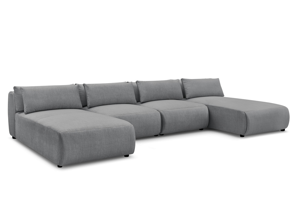 modulaire vaste panoramabank met hoofdsteunen in jana fluwelen stof met 2 chaise longues en 2 fauteuils gekleurd donkergrijs