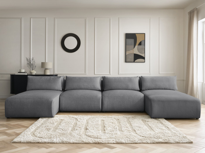 Canapé panoramique fixe modulable avec têtières JANA tissu velours avec 2 méridiennes et 2 chauffeuses