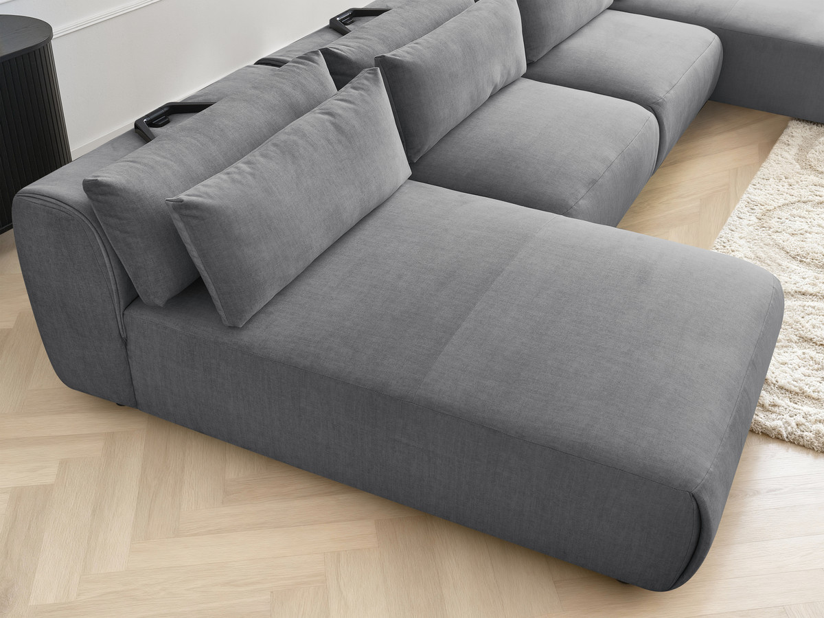 Modulaire vaste panoramabank met hoofdsteunen in JANA fluwelen stof met 2 chaise longues en 2 fauteuils