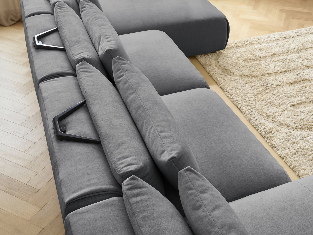 Modulaire vaste panoramabank met hoofdsteunen in JANA fluwelen stof met 2 chaise longues en 2 fauteuils