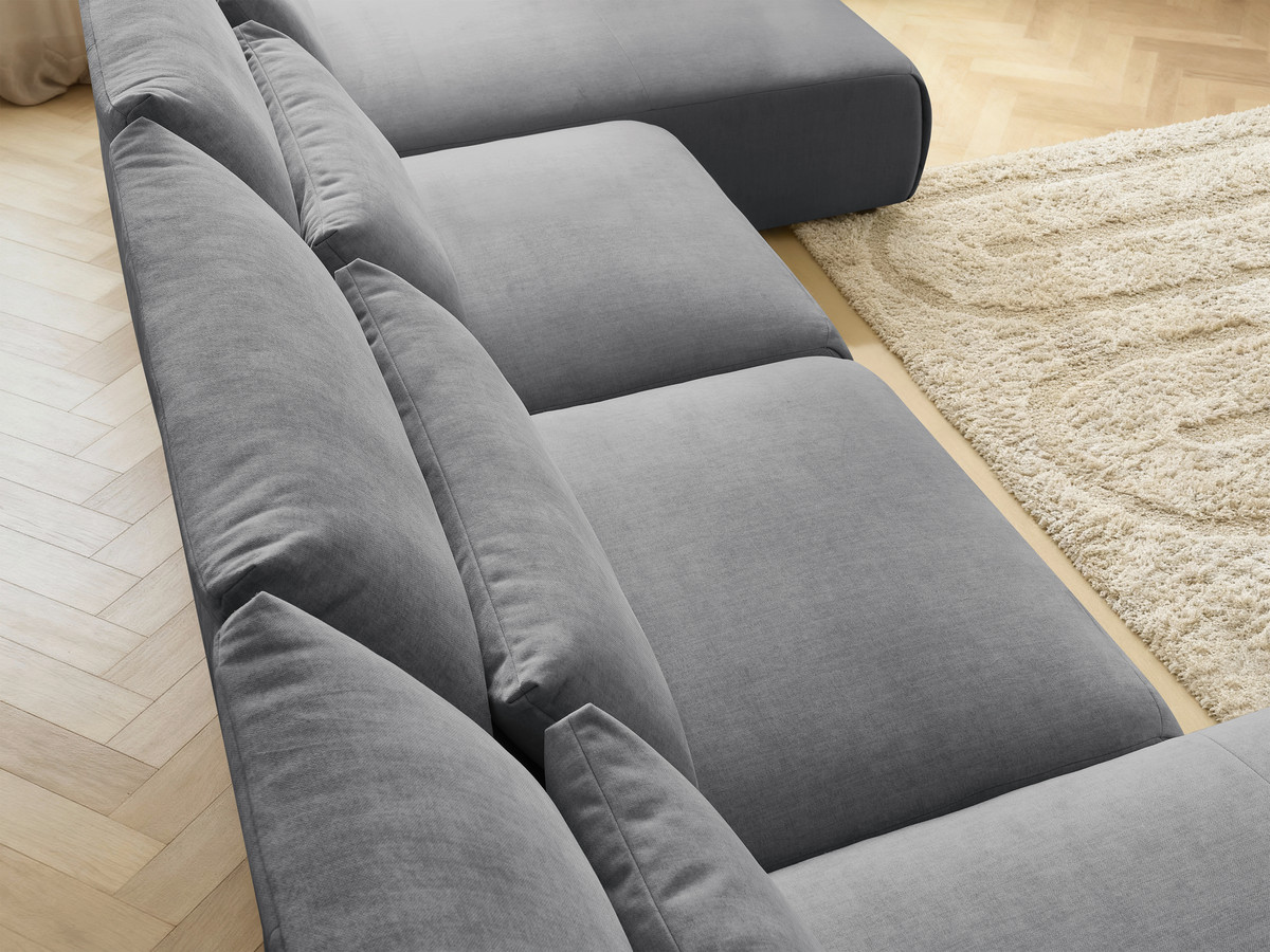 Modulaire vaste panoramabank met hoofdsteunen in JANA fluwelen stof met 2 chaise longues en 2 fauteuils