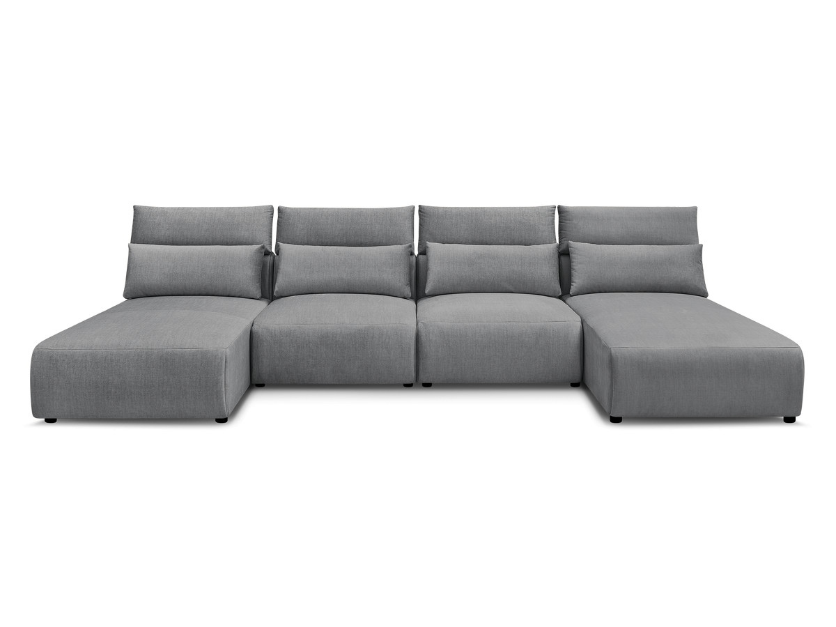 Modulaire vaste panoramabank met hoofdsteunen in JANA fluwelen stof met 2 chaise longues en 2 fauteuils