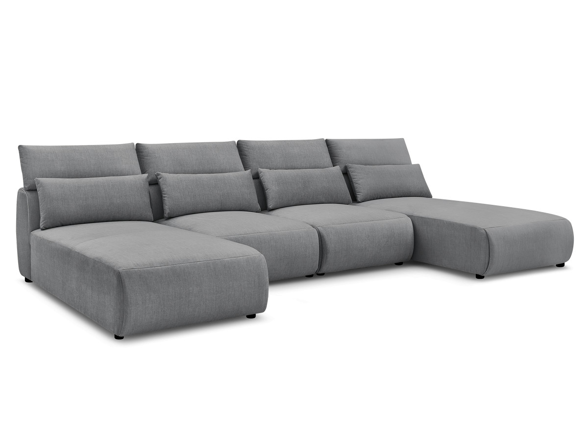 Modulaire vaste panoramabank met hoofdsteunen in JANA fluwelen stof met 2 chaise longues en 2 fauteuils