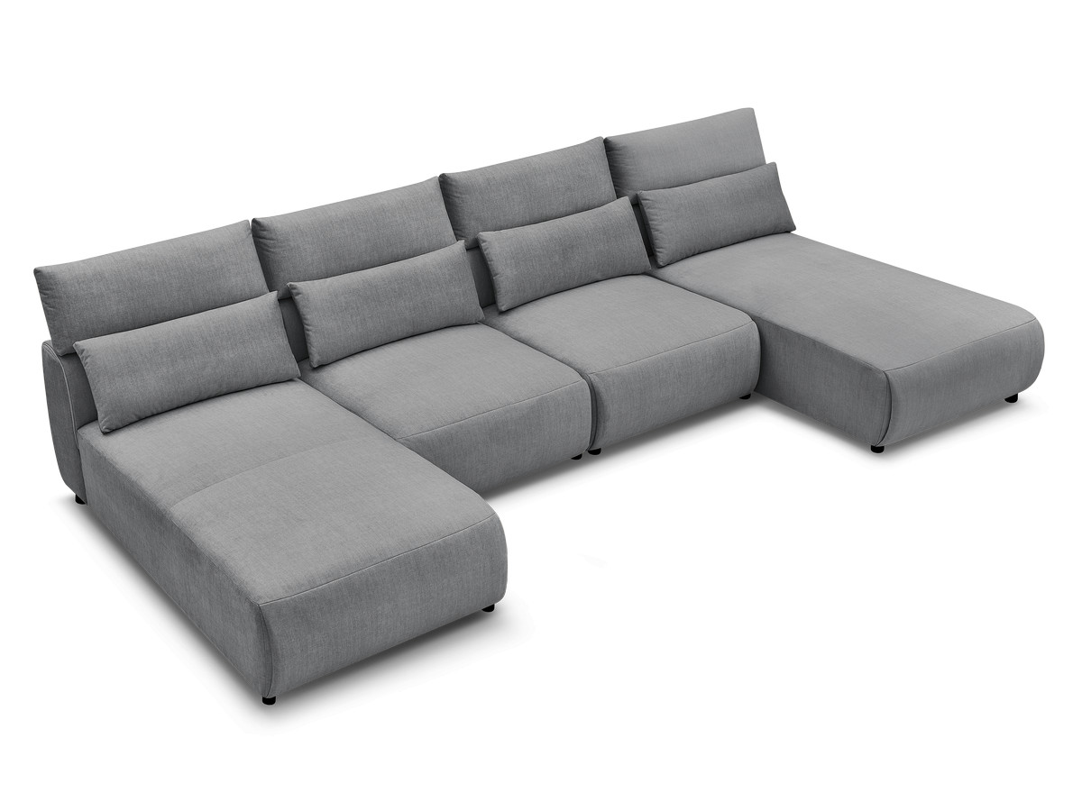 Modulaire vaste panoramabank met hoofdsteunen in JANA fluwelen stof met 2 chaise longues en 2 fauteuils
