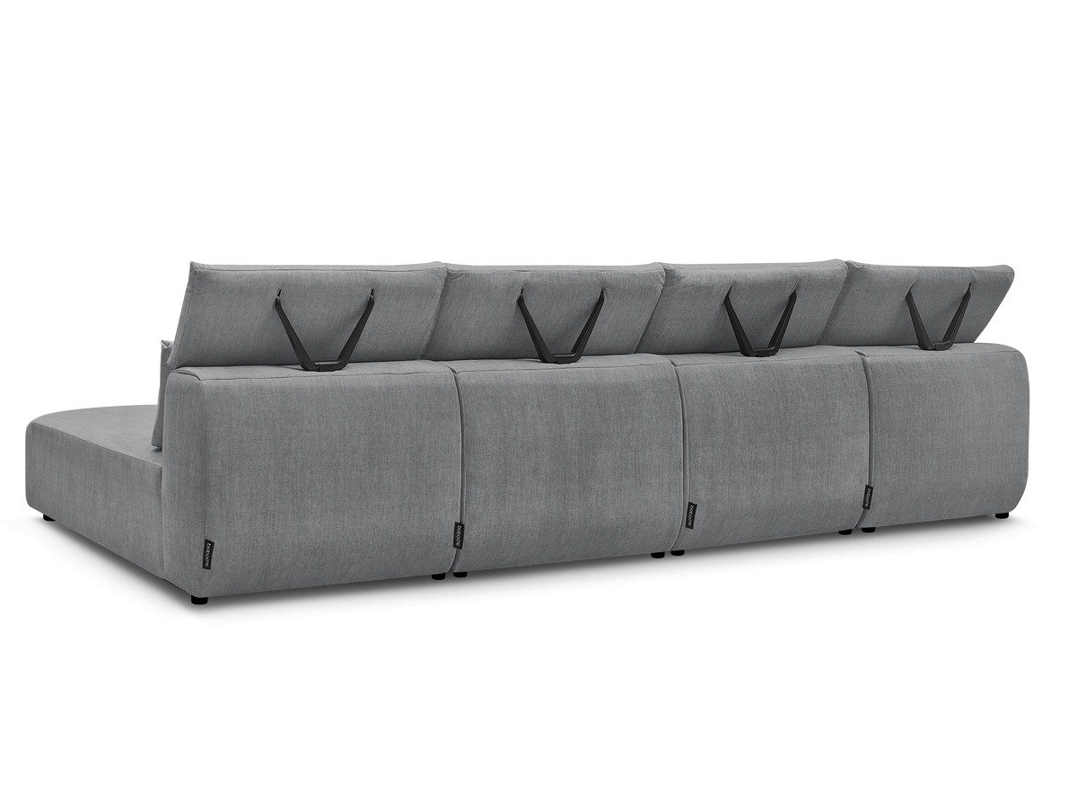 Modulaire vaste panoramabank met hoofdsteunen in JANA fluwelen stof met 2 chaise longues en 2 fauteuils