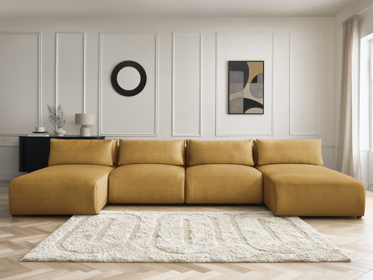 Modulaire vaste panoramabank met hoofdsteunen in JANA fluwelen stof met 2 chaise longues en 2 fauteuils