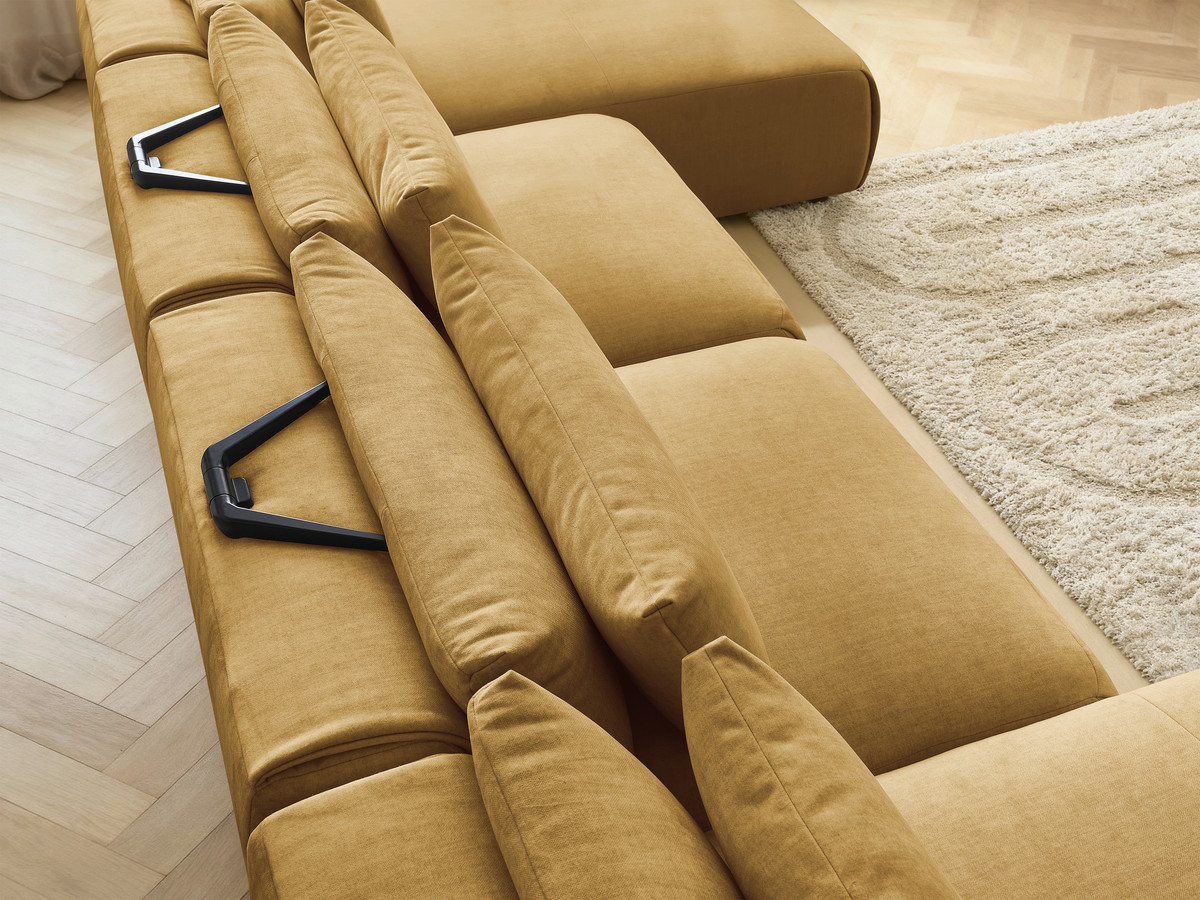 Modulaire vaste panoramabank met hoofdsteunen in JANA fluwelen stof met 2 chaise longues en 2 fauteuils