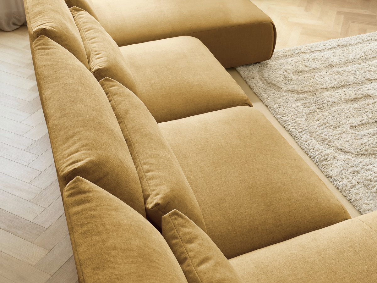 Modulaire vaste panoramabank met hoofdsteunen in JANA fluwelen stof met 2 chaise longues en 2 fauteuils