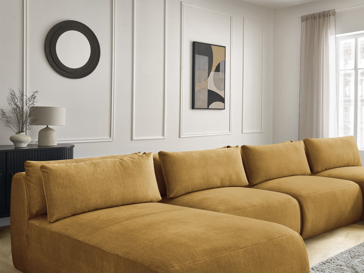 Modulaire vaste panoramabank met hoofdsteunen in JANA fluwelen stof met 2 chaise longues en 2 fauteuils