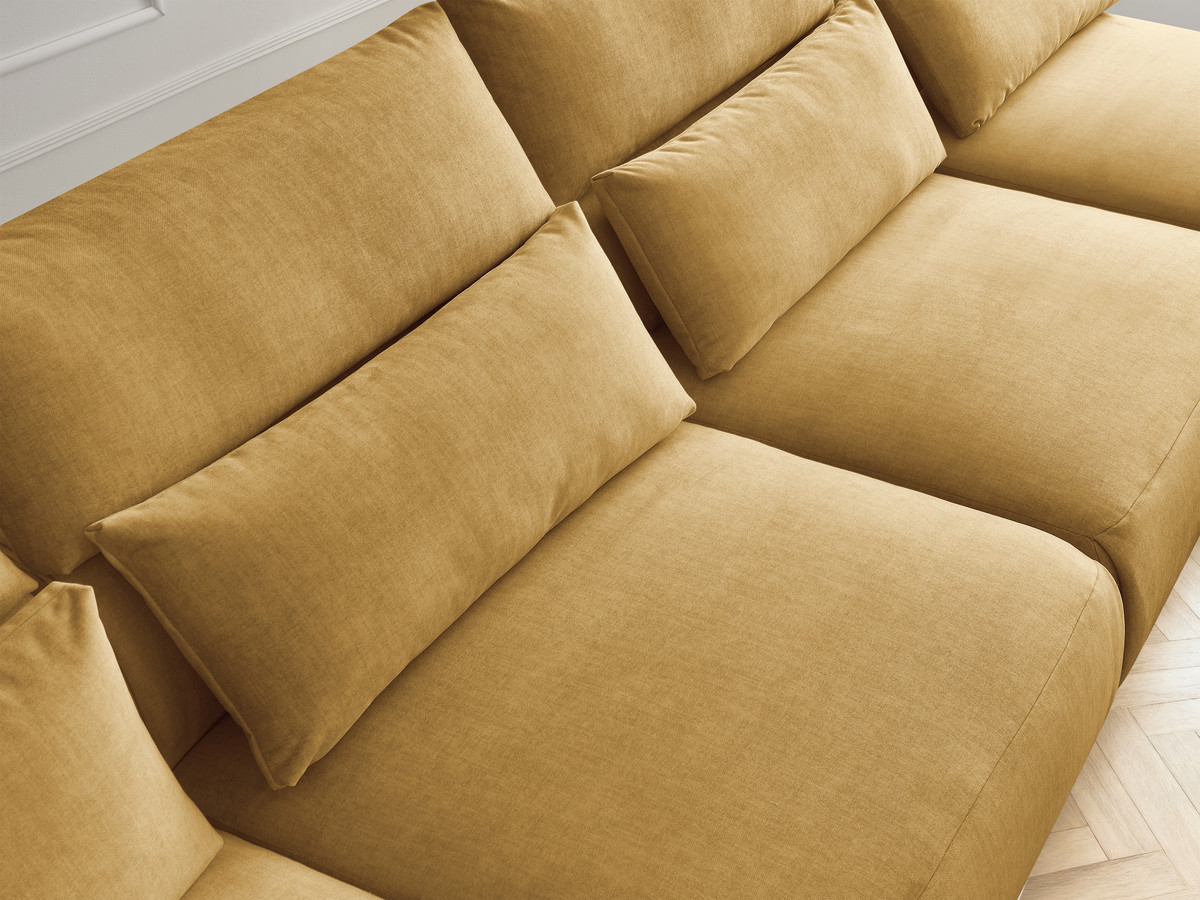 Modulaire vaste panoramabank met hoofdsteunen in JANA fluwelen stof met 2 chaise longues en 2 fauteuils