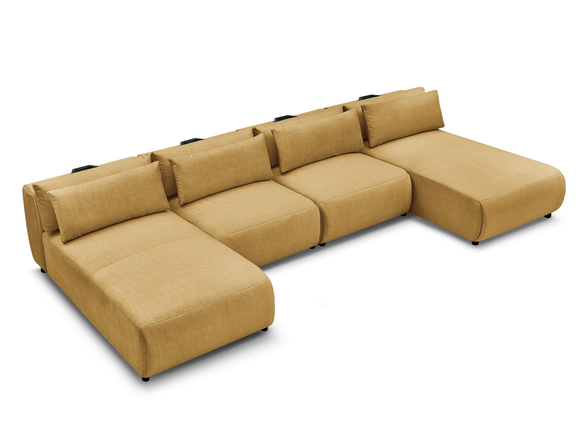 Modulaire vaste panoramabank met hoofdsteunen in JANA fluwelen stof met 2 chaise longues en 2 fauteuils