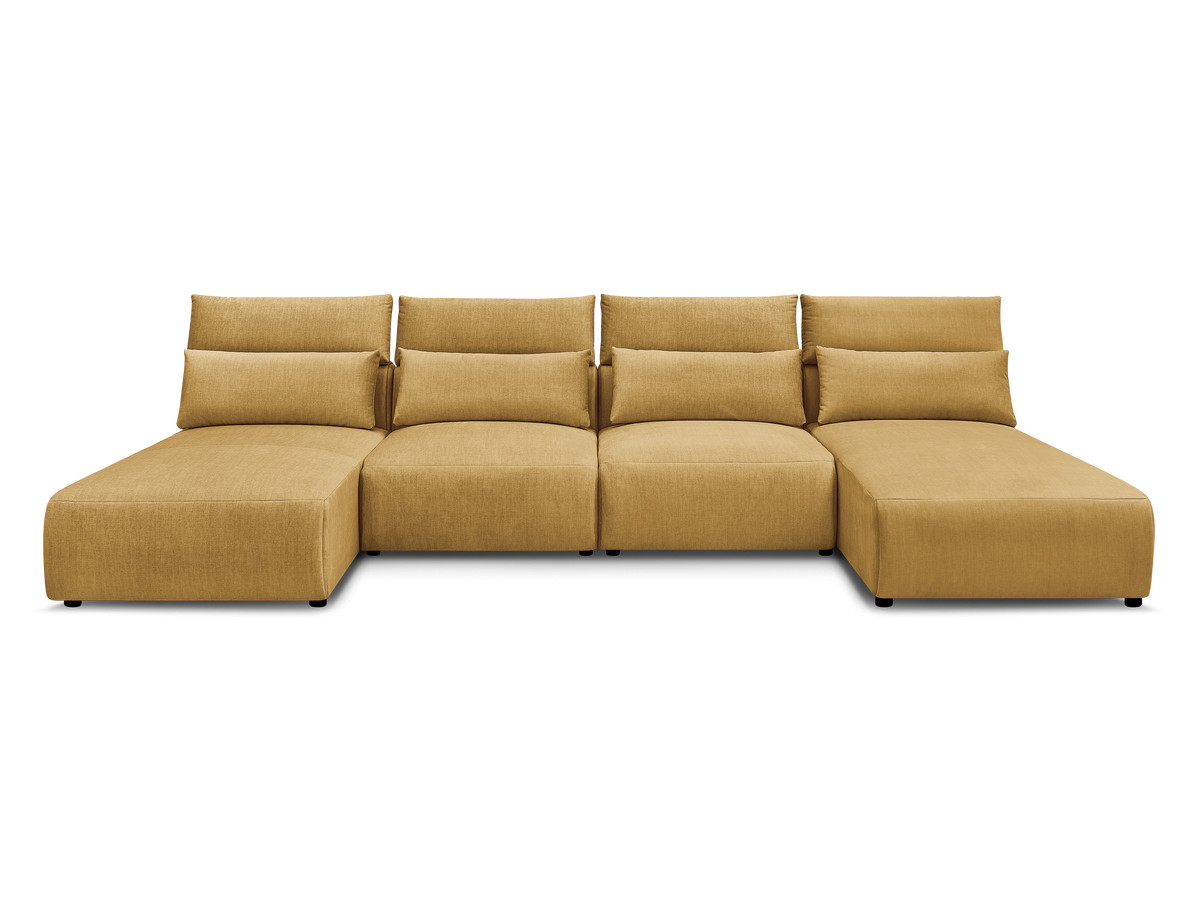 Modulaire vaste panoramabank met hoofdsteunen in JANA fluwelen stof met 2 chaise longues en 2 fauteuils