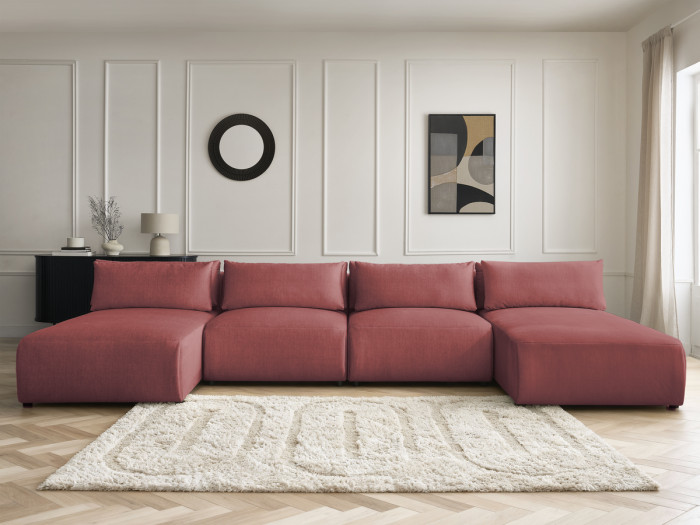 Canapé panoramique fixe modulable avec têtières JANA tissu velours avec 2 méridiennes et 2 chauffeuses