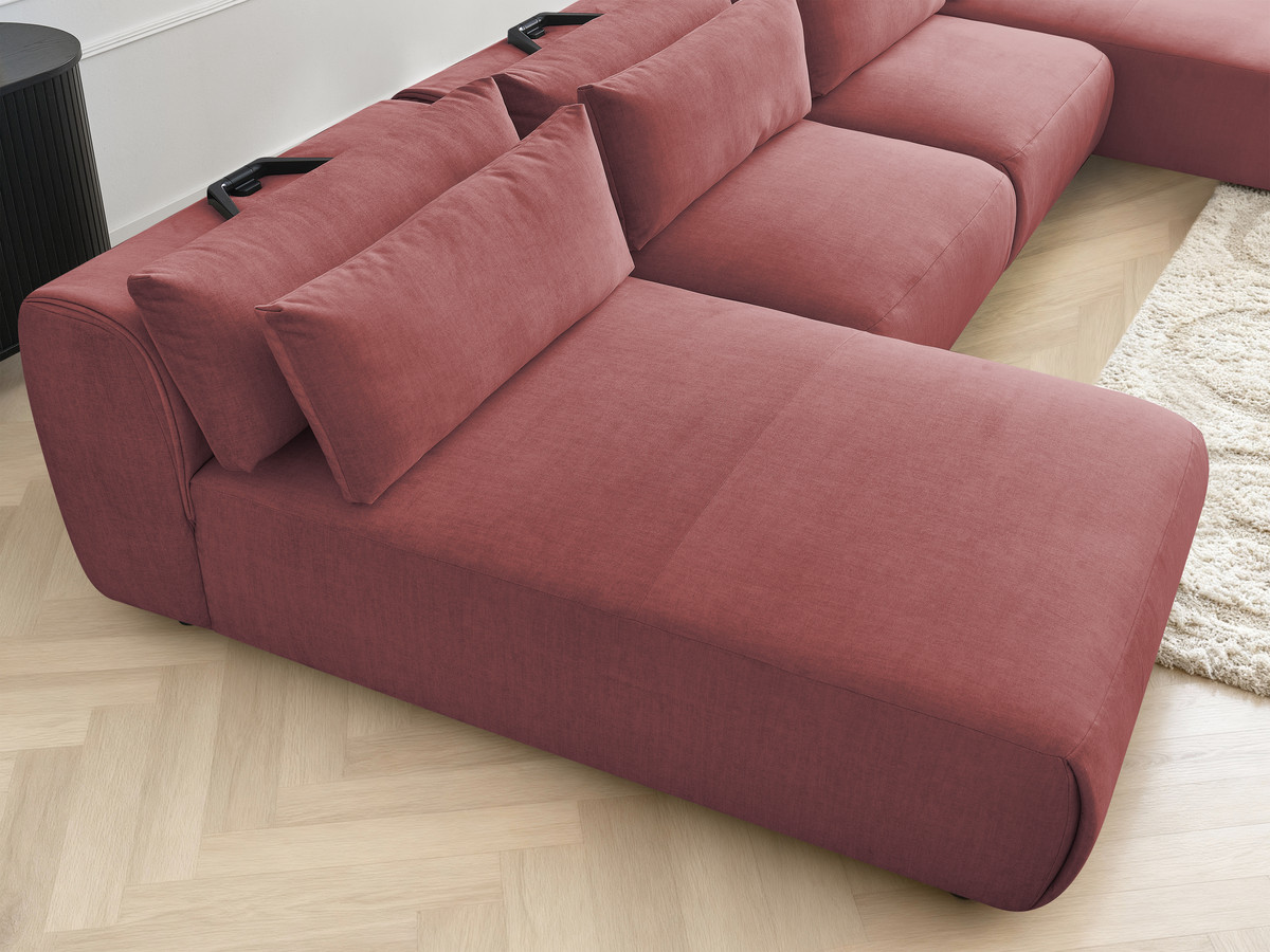 Modulaire vaste panoramabank met hoofdsteunen in JANA fluwelen stof met 2 chaise longues en 2 fauteuils