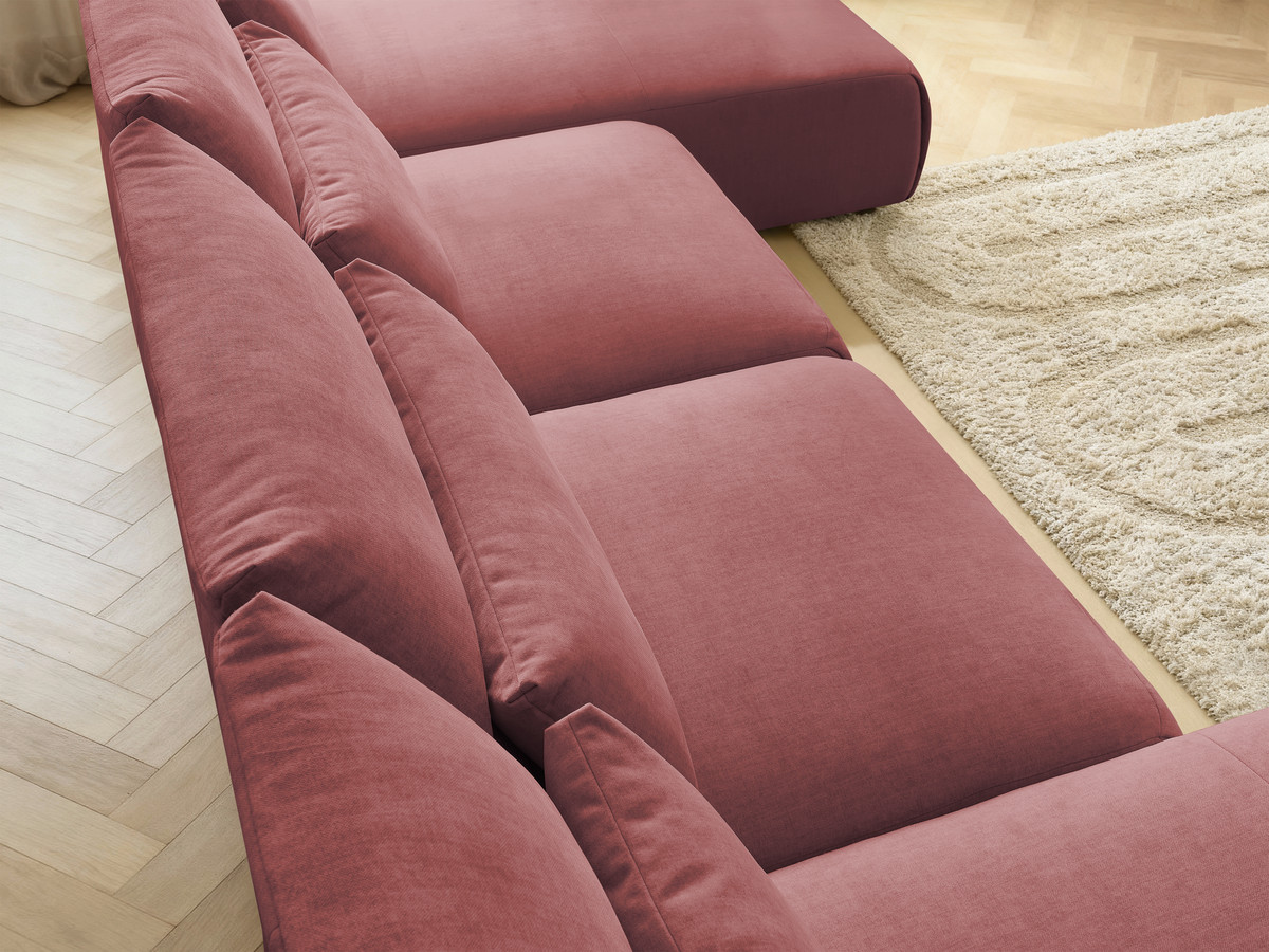 Modulaire vaste panoramabank met hoofdsteunen in JANA fluwelen stof met 2 chaise longues en 2 fauteuils