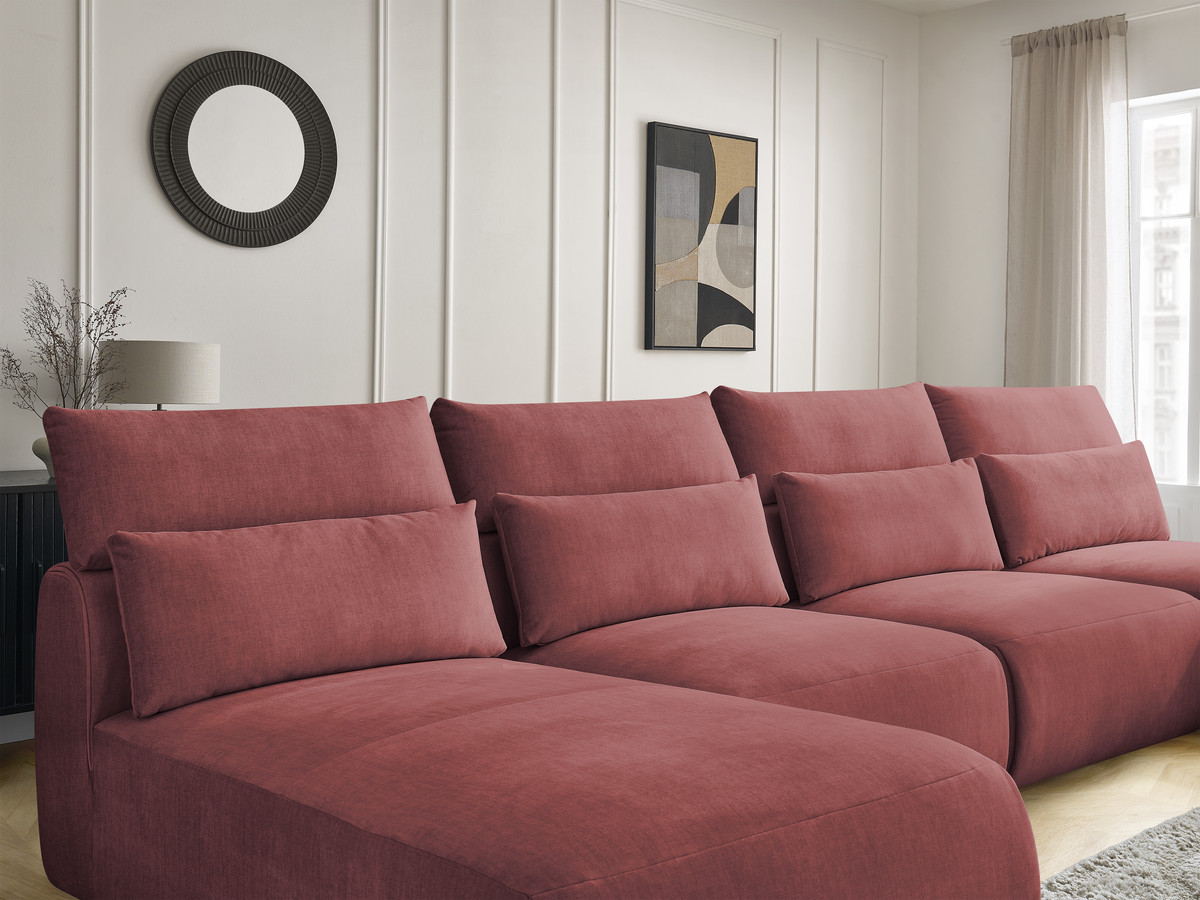 Modulaire vaste panoramabank met hoofdsteunen in JANA fluwelen stof met 2 chaise longues en 2 fauteuils