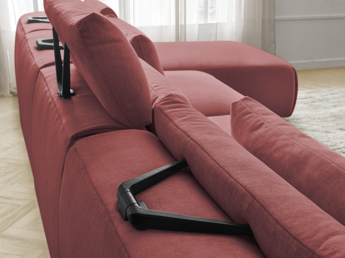 Modulaire vaste panoramabank met hoofdsteunen in JANA fluwelen stof met 2 chaise longues en 2 fauteuils