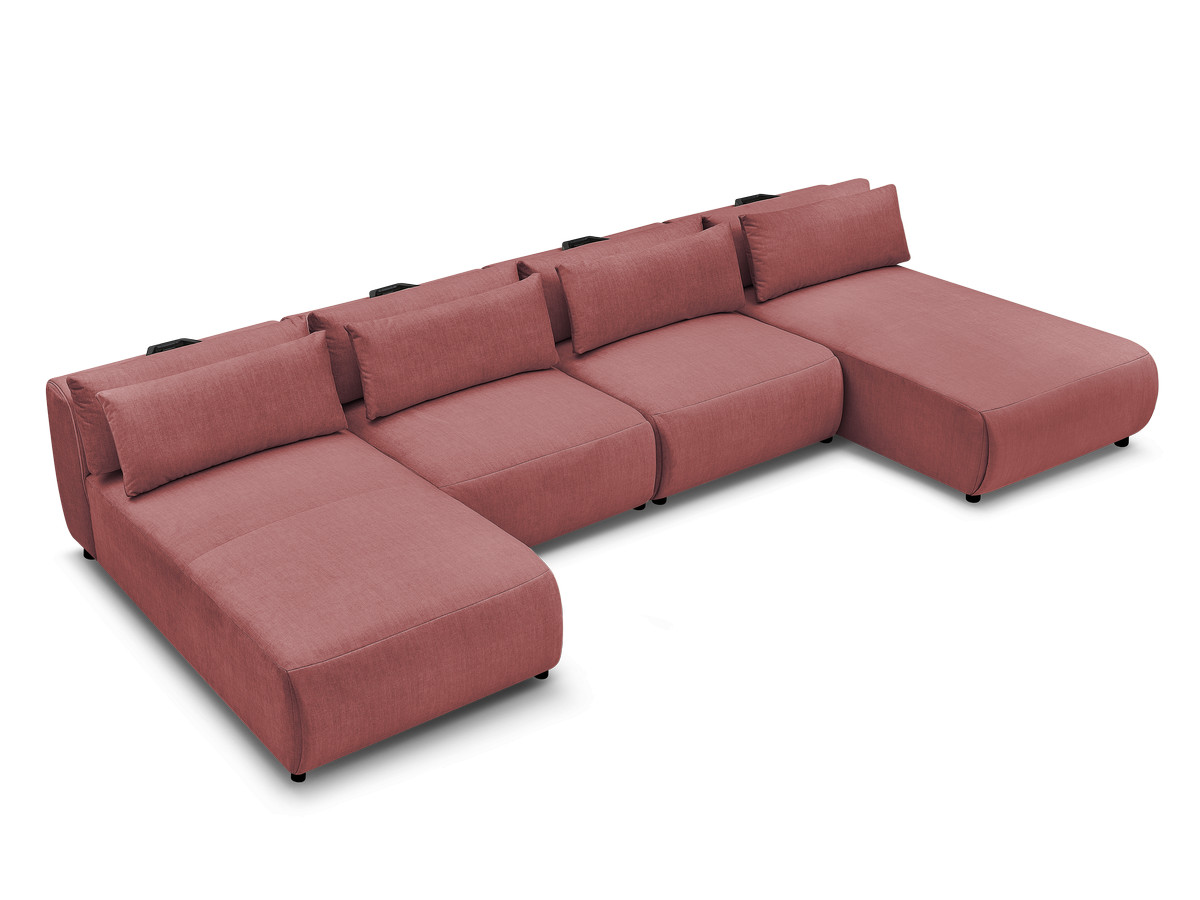 Modulaire vaste panoramabank met hoofdsteunen in JANA fluwelen stof met 2 chaise longues en 2 fauteuils