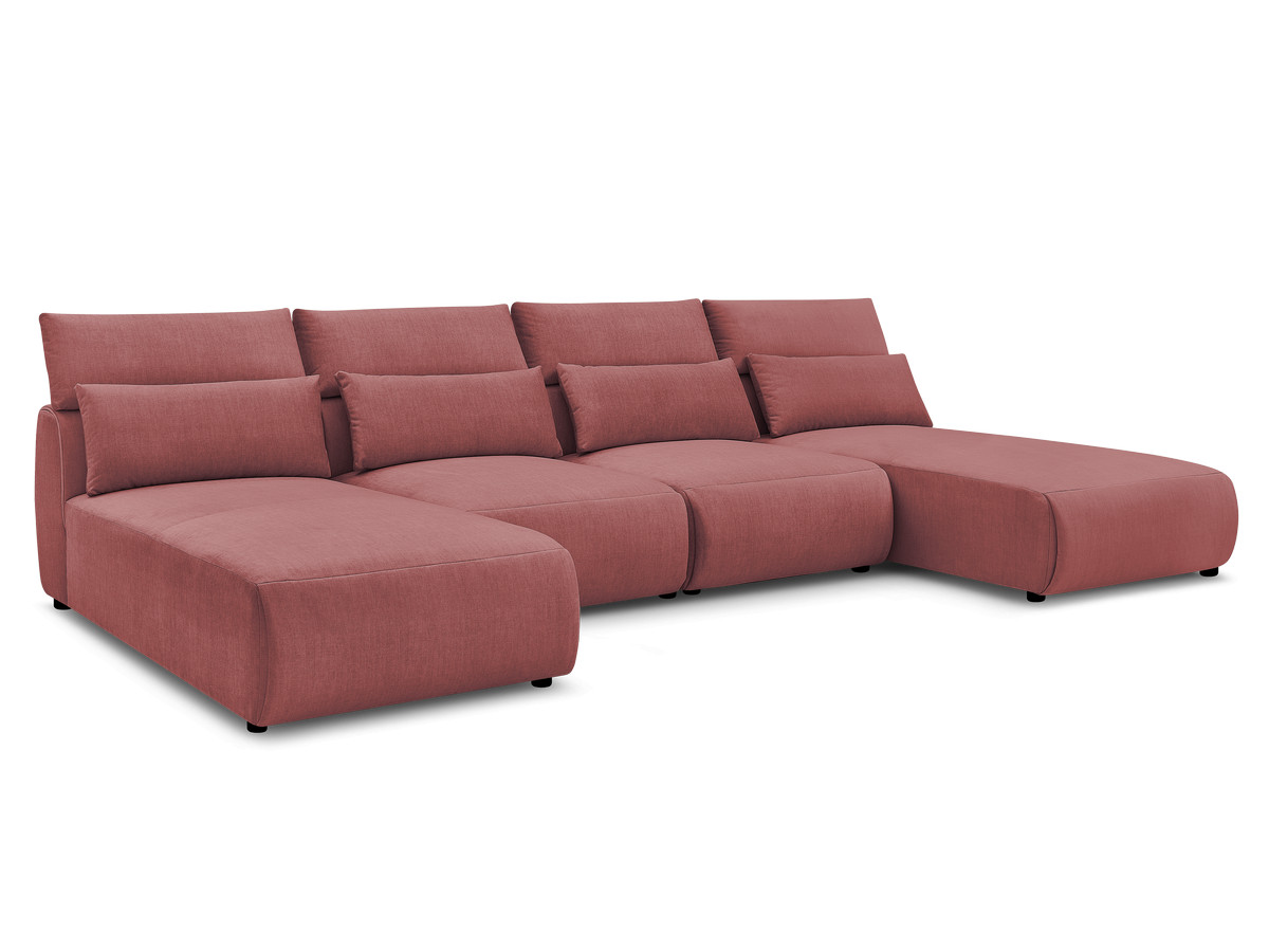 Modulaire vaste panoramabank met hoofdsteunen in JANA fluwelen stof met 2 chaise longues en 2 fauteuils