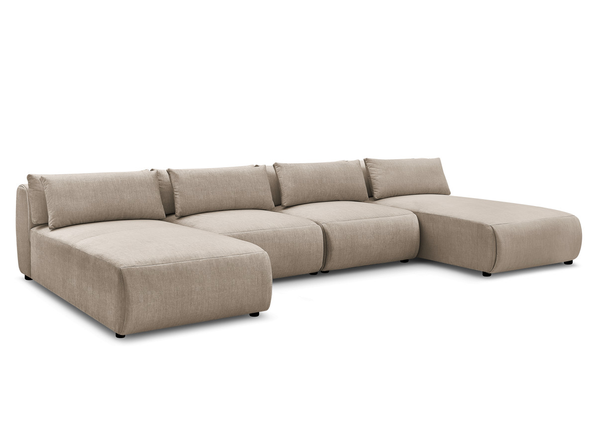 Modulaire vaste panoramabank met hoofdsteunen in JANA fluwelen stof met 2 chaise longues en 2 fauteuils