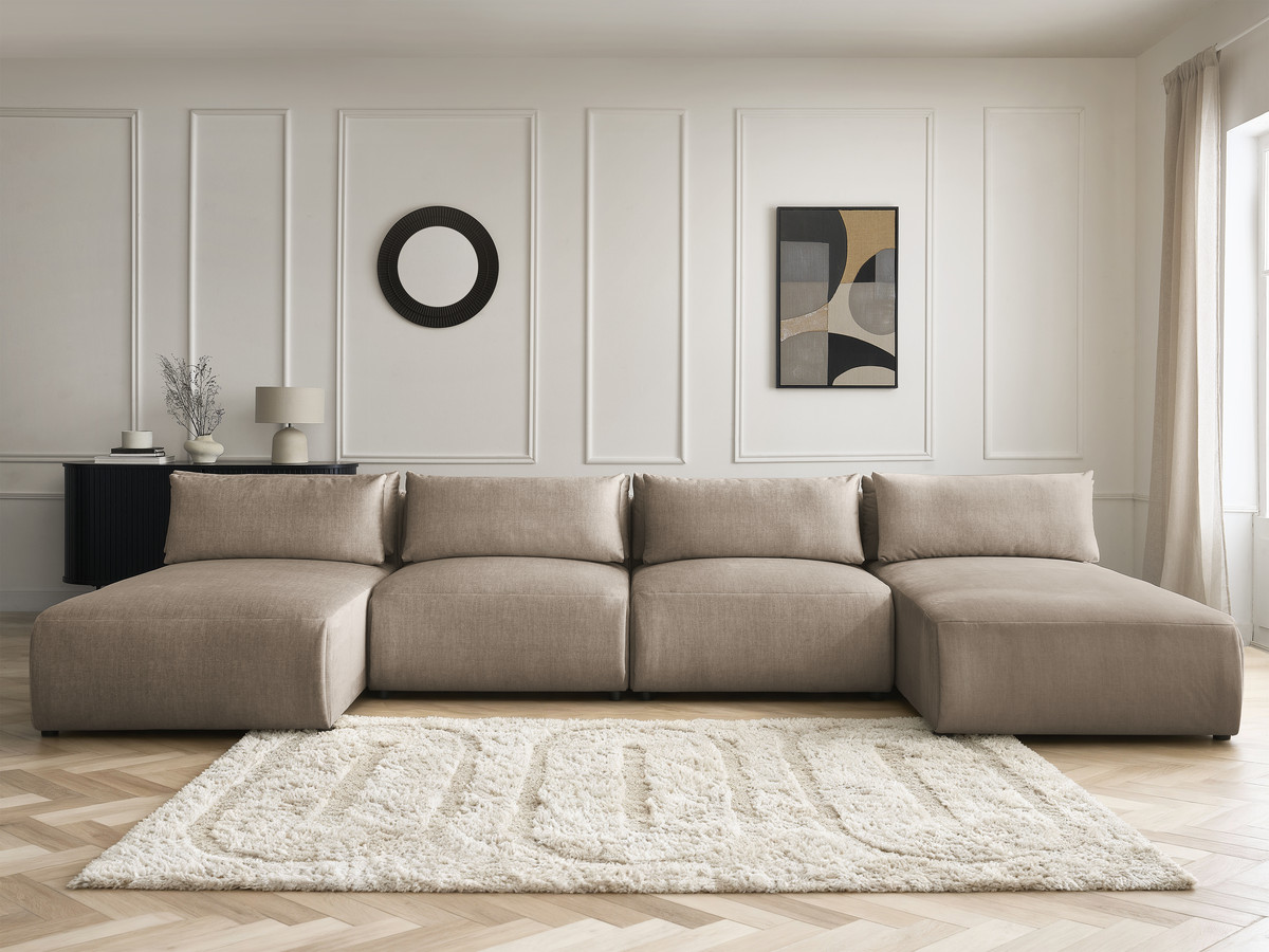 Modulaire vaste panoramabank met hoofdsteunen in JANA fluwelen stof met 2 chaise longues en 2 fauteuils