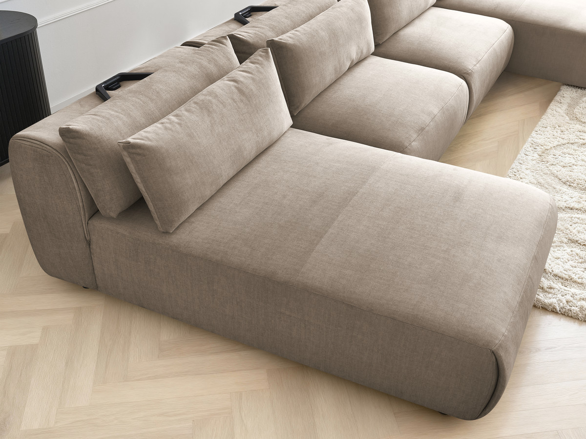 Modulaire vaste panoramabank met hoofdsteunen in JANA fluwelen stof met 2 chaise longues en 2 fauteuils