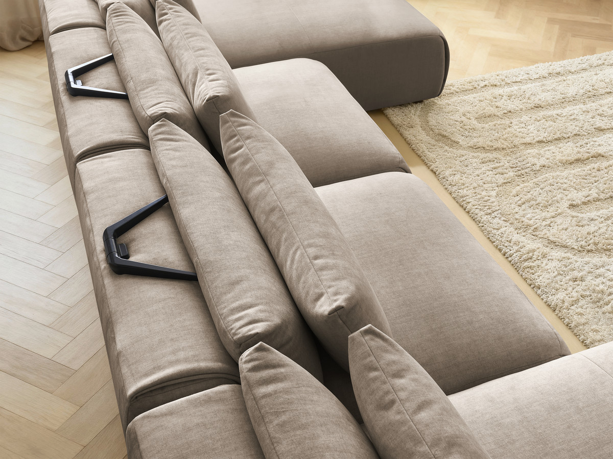 Modulaire vaste panoramabank met hoofdsteunen in JANA fluwelen stof met 2 chaise longues en 2 fauteuils