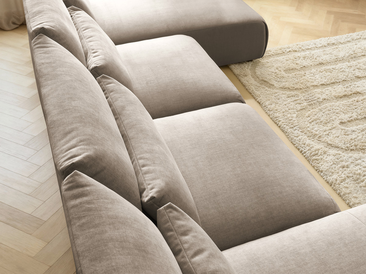 Modulaire vaste panoramabank met hoofdsteunen in JANA fluwelen stof met 2 chaise longues en 2 fauteuils