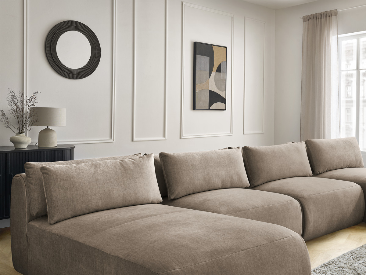 Modulaire vaste panoramabank met hoofdsteunen in JANA fluwelen stof met 2 chaise longues en 2 fauteuils