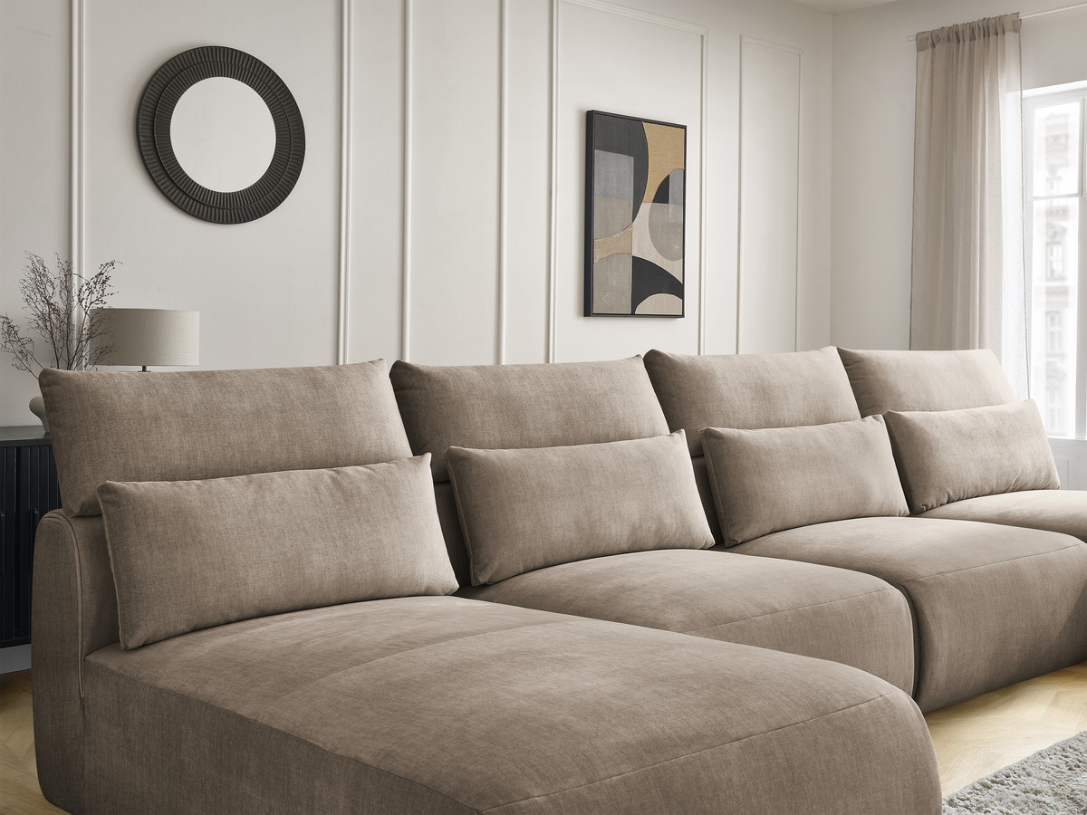 Modulaire vaste panoramabank met hoofdsteunen in JANA fluwelen stof met 2 chaise longues en 2 fauteuils