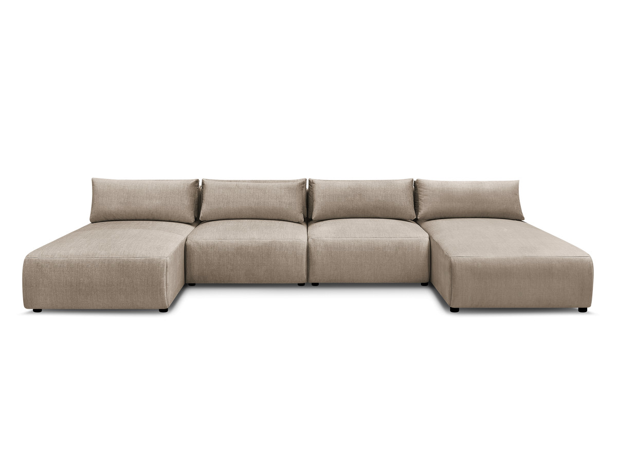 Modulaire vaste panoramabank met hoofdsteunen in JANA fluwelen stof met 2 chaise longues en 2 fauteuils