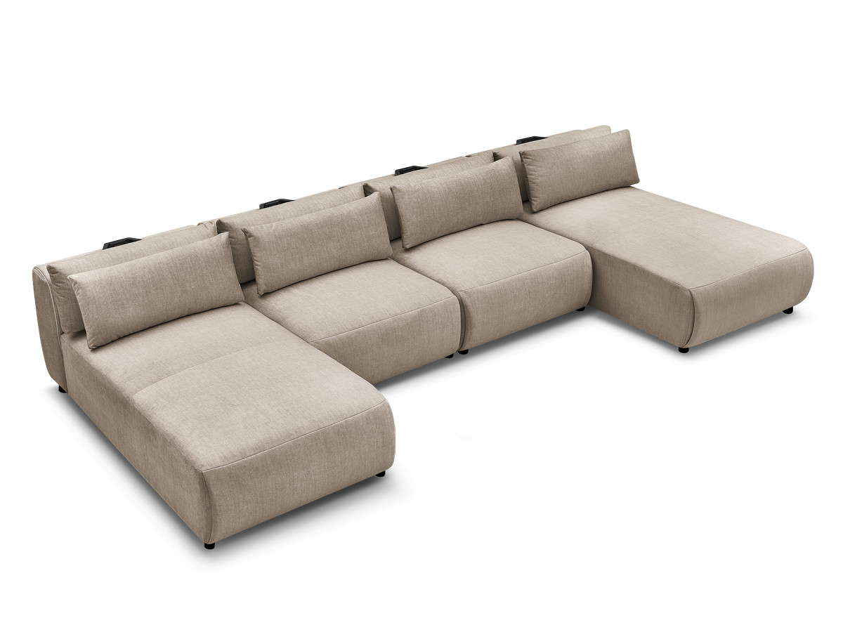 Modulaire vaste panoramabank met hoofdsteunen in JANA fluwelen stof met 2 chaise longues en 2 fauteuils