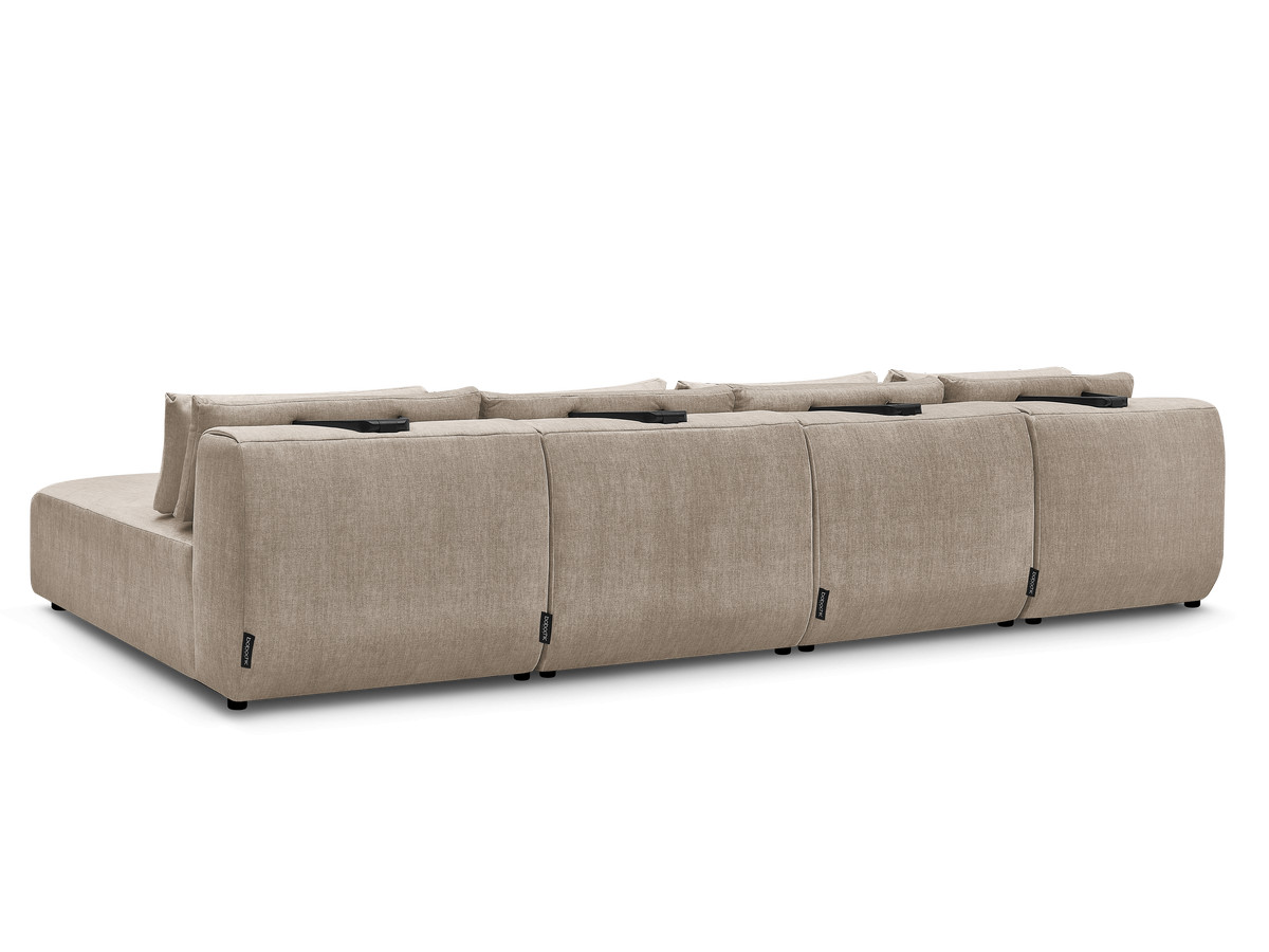 Modulaire vaste panoramabank met hoofdsteunen in JANA fluwelen stof met 2 chaise longues en 2 fauteuils