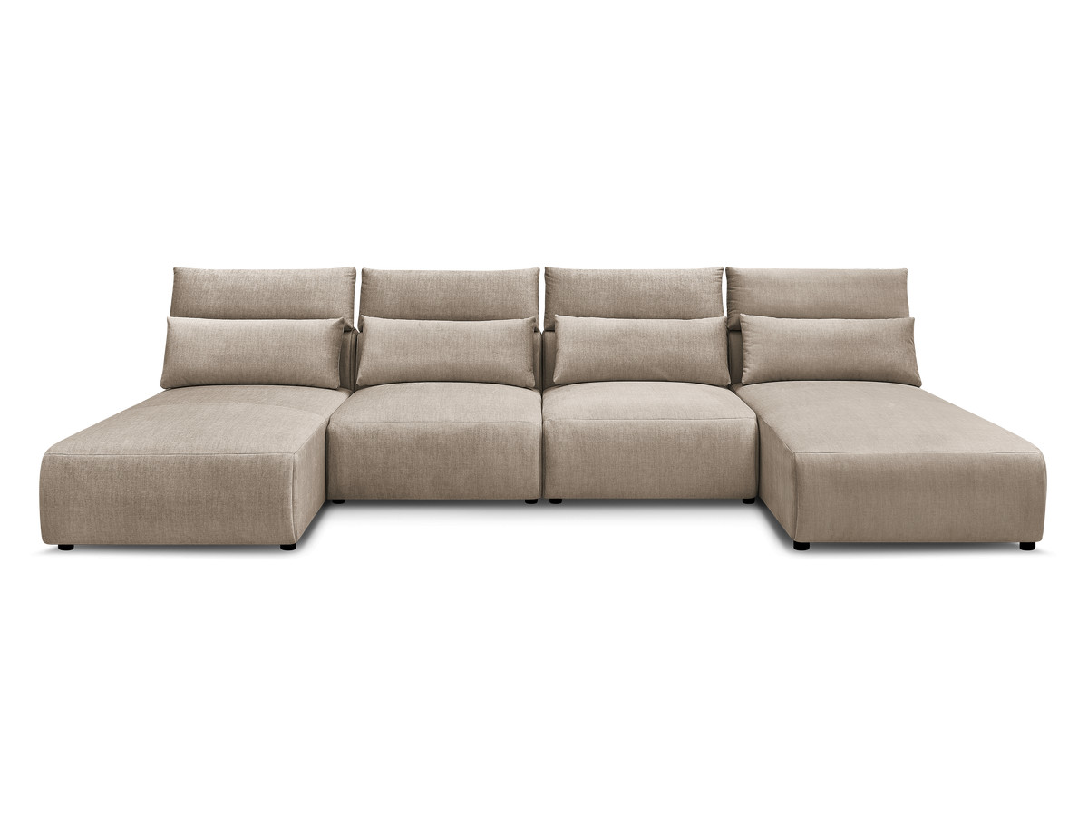 Modulaire vaste panoramabank met hoofdsteunen in JANA fluwelen stof met 2 chaise longues en 2 fauteuils