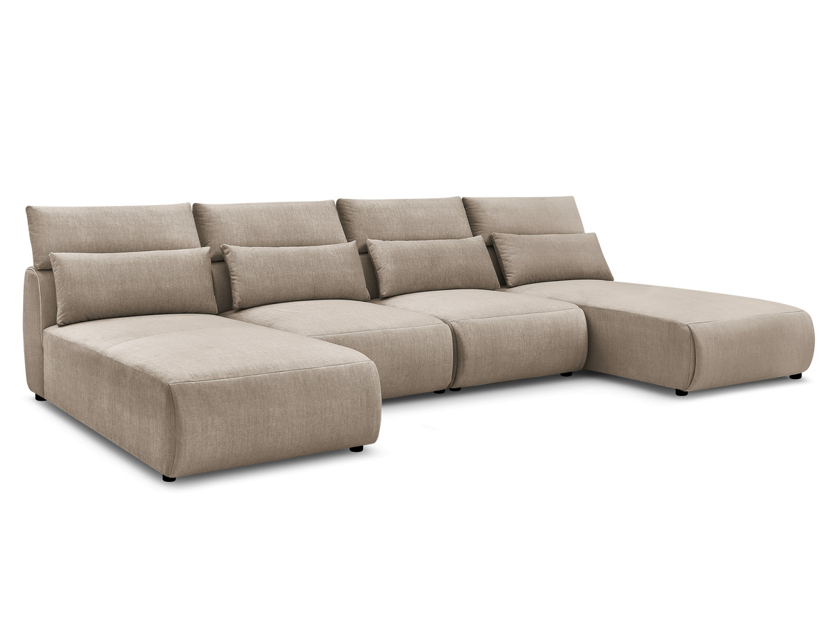 Modulaire vaste panoramabank met hoofdsteunen in JANA fluwelen stof met 2 chaise longues en 2 fauteuils