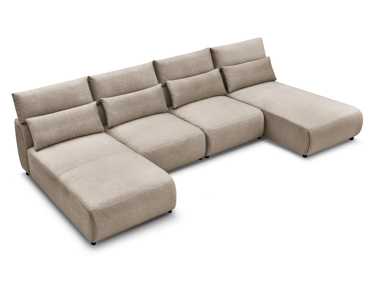 Modulaire vaste panoramabank met hoofdsteunen in JANA fluwelen stof met 2 chaise longues en 2 fauteuils